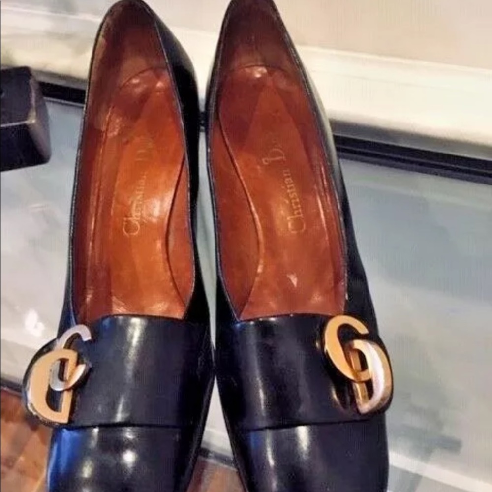 Vtg CHRISTIAN DIOR Black Block Heel logo 6/ 6.5 - Picture 2 of 10